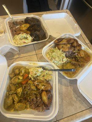 Chicken curry, oxtail stew and shrimp curry.  All with red beans and rice, Cole slaw and fried plantain.