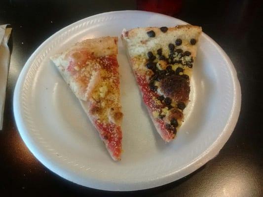 Dessert Pizza? Is Good.... Right side Chocolate Chips & Strawberry jam.