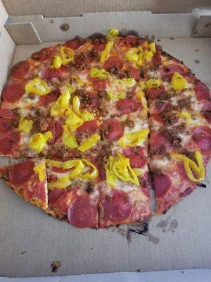 Pepperoni, sausage, and banana peppers