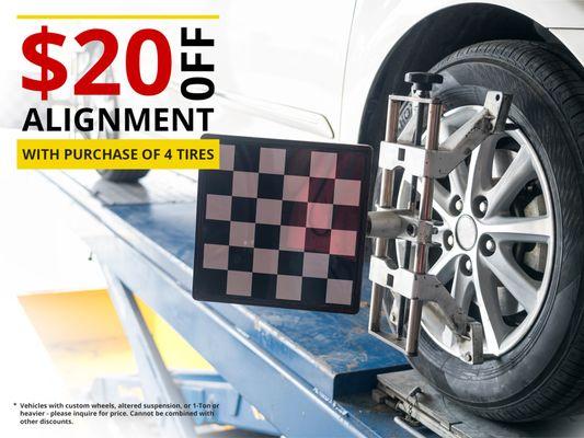 $20 Off Alignment with purchase of 4 tires.