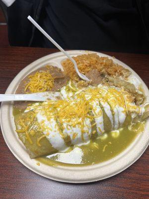 Carnitas wet burrito , rice and beans combo