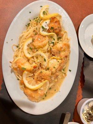 Shrimp Francese over linguini