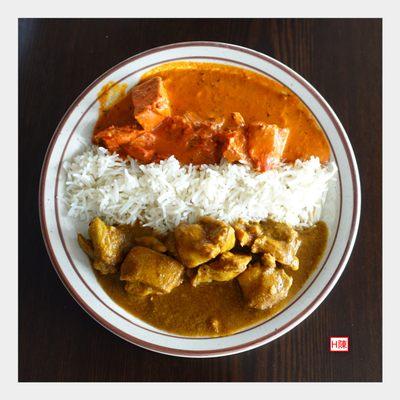 Butter chicken, curry chicken, basmati rice...