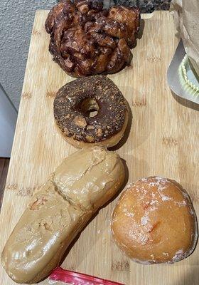 Blueberry fritter, butterfinger round, maple custard-filled bar, lemon-filled round. All tasty. Custard-filled is my favorite.