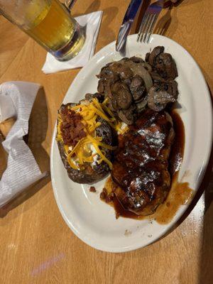 Grilled BBQ Chicken & Sirloin 6oz with a loaded baked potato