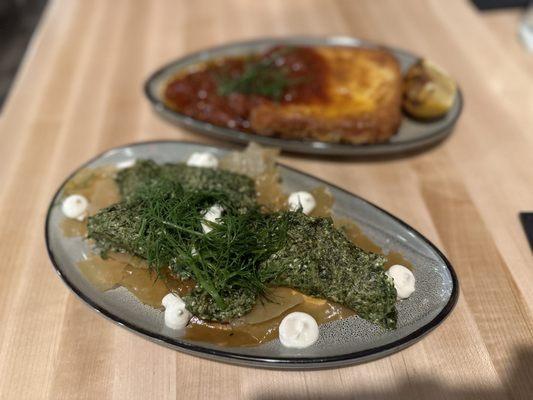 Open faced spanakopita and saganaki- fried cheese with a strawberry and tomato jam