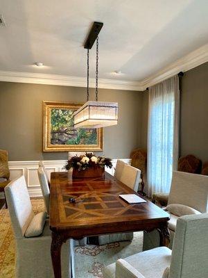 Molitor electric installed the most beautiful chandelier above dining table. Best electricians in Austin!