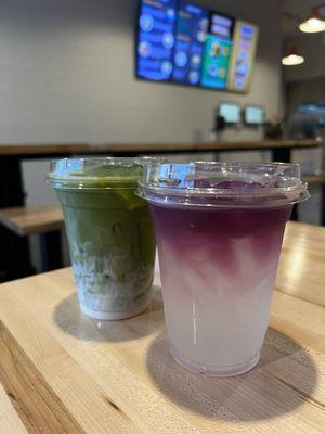 Thai green iced tea and butterfly pea lemonade