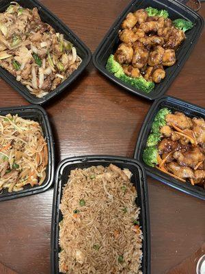 General Tso's Chicken, Orange Chicken, fried rice, mu Moo Shu Pork, Mongolian Beef