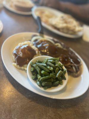 Amazing liver and onions, green beans, and mashed potatoes