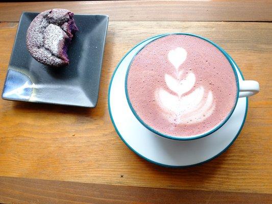 Ube mochi muffin and ube latte