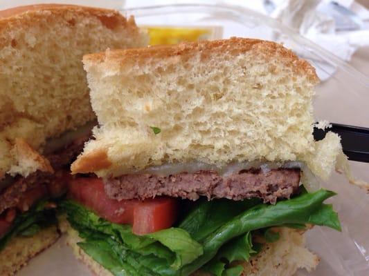 REALLY?!! Look how freaking thin this burger is?!! & look @ the huge sponge on top! What a ripoff! :$ (this's from cafe, 1st FL)