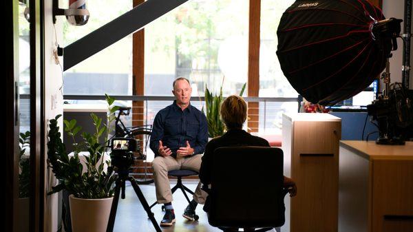 An interview subject appears on camera at a shoot for our local nonprofit client, Central City Concern.