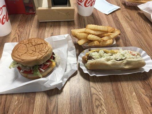 Double cheeseburger, hot dog, and fries