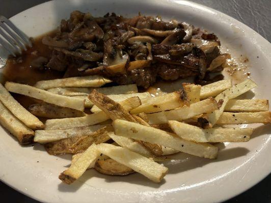 Hamburger Steak with onions and mushrooms and light gravy with homemade fries.