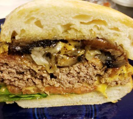 Inside of mushroom Cheddar Burger.  I love that the bun did not get all soggy from the meat.