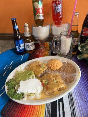 One of the favorites chimichanga with queso on top is often in our lunch specials.