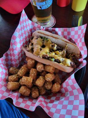 Philly cheese steak with tater tots! Yummy!