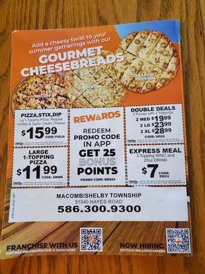 Back of Menu from Cottage Inn Pizza On Hayes Rd at 23 Mile in Macomb. Load their App & Sign Up!    7/17/2024