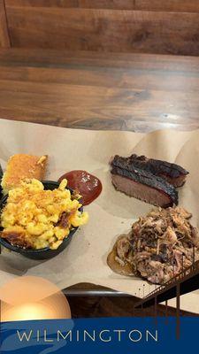 Two meat platter Brisket Pulled pork Mac n cheese Corn bread