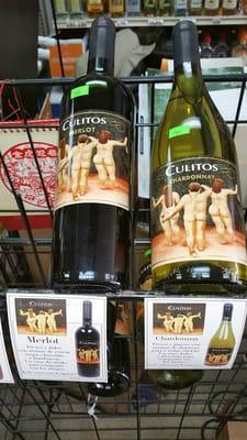 Naked butts on wine bottles.