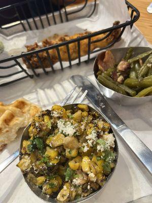 Tender basket with elote and green beans as the side. Little peek a boo from the sourdough waffle!