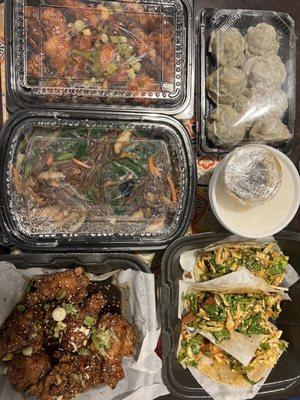 OG Chicken, Japchae, K-Town Chicken Wings (8 pc), Kalbi, Spicy BBQ Pork, Sesame - Chili Shrimp, Seoul Style Street Dumplings (8 pc)