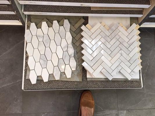 Tile backsplash herringbone marble hexigon