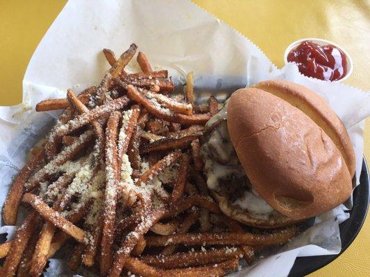 Mushroom and Swiss burger. Probably could use more mayo. And garlic & Parmesan fries. Could use more garlic.