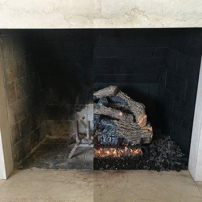 A Triple-T burner with a premium Charred logset works perfectly for a large masonry fireplace.