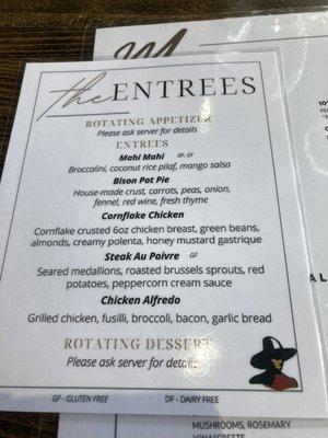 Entree menu with no pricing