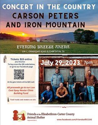 CONCERT IN THE COUNTRY with Carson Peters & Iron Mountain. Benefit to raise funds to build a local "Low Cost Spay Neuter Clinic".