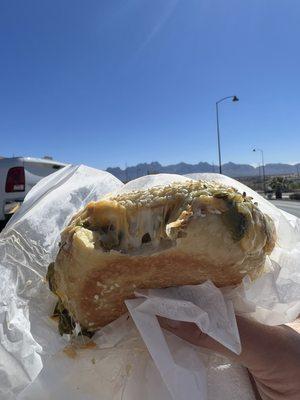 Green Chile & Cheese Sandwich on a sesame bagel!