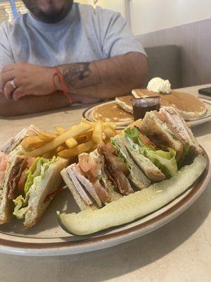 Turkey Club Sandwich, Pancakes in the back