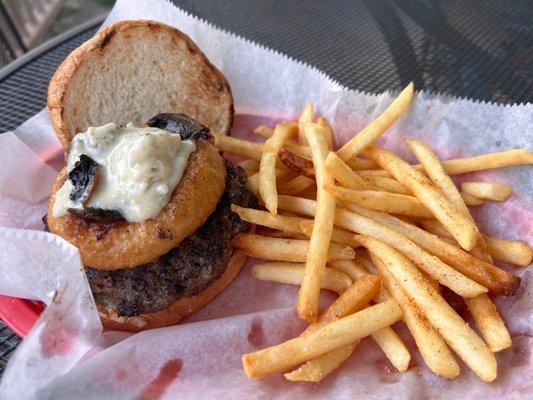 Onion, mushroom, and blue cheese burger