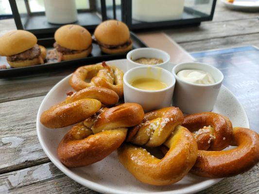 House made pretzels and Angus beef sliders