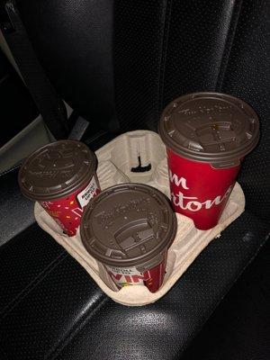 1 extra large black coffee & 2 medium French vanillas with 2 shots of Irish Creme in each.