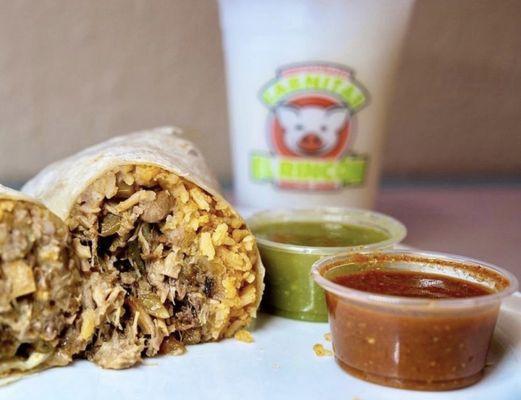 Burrito de Carnitas along side an Agua de Horchata