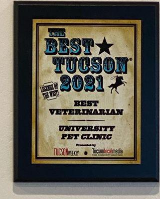 The Best Veterinary Clinic in Tucson 2021!  Very proud of our team!