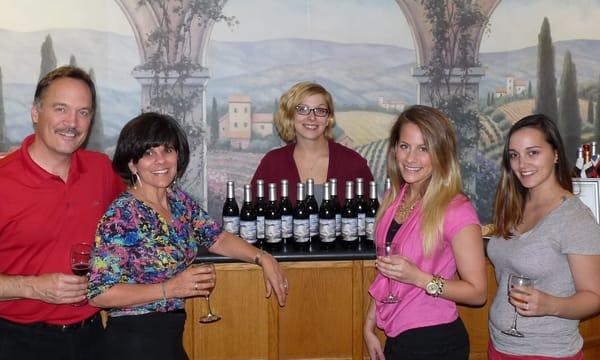 Wine Making for clients (L-R: John, Bernadette, Dusti, Danielle, Beau)  missing:  Norm, Ray.