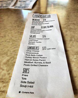 Menu as of July 2022