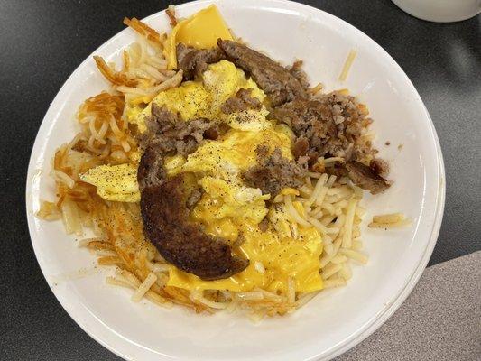 Sausage Egg & Cheese Hashbrown Bowl. Interesting for being all jumbled together.