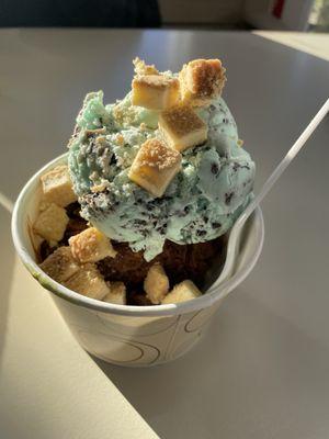 Mint chocolate chip, Bear Claw chocolate ice cream. I had them add the cheesecake bits on my cup.