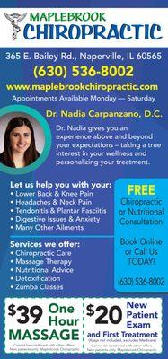 Dr. Nadia Carpanzano D.C. at Maplebrook Chiropractic in Naperville, IL