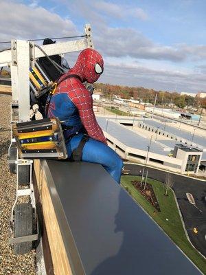 Spiderman cleaning windows