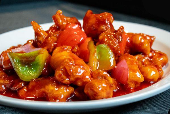 Sweet and Sour Chicken, served with rice.