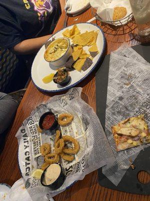 BBQ Chicken Flatbread, Calamari, Crab Queso Dip