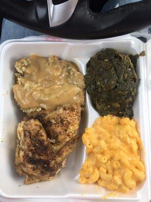 Chicken and dressing, mac n cheese, and greens