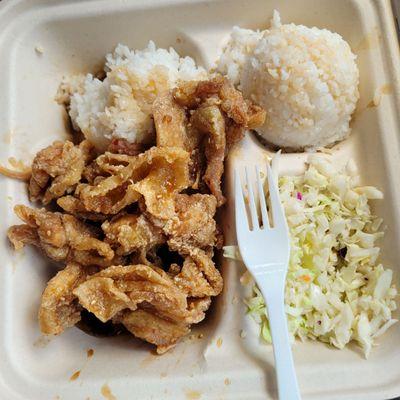 Korean chicken, Cole slaw, and rice.