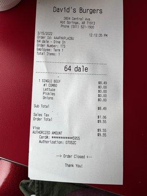 Receipt for singing beef combo